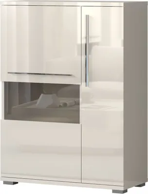 A high-gloss beige vitrine cabinet.