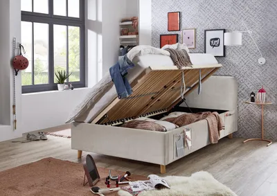 Produktbild von Meise Möbel Stauraumbett Cosy 140x200 cm | Doppelbett | Bettkasten & Lattenrost (Federholzrahmen) | USB | Strukturstoff Beige | Holzfuß eichefarbig
