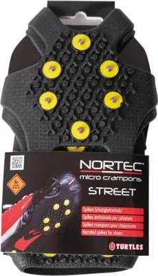 Produktfoto von Nortec "Street" Mikrokrampons mit gelben Spikes für besseren Halt auf rutschigen Oberflächen.