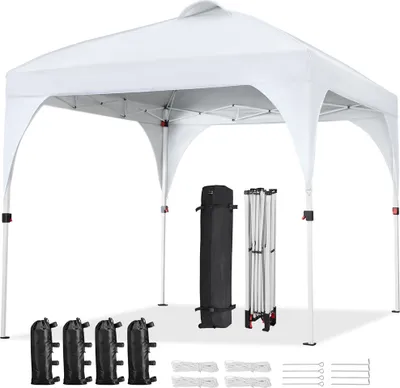 A white pop-up canopy tent is displayed with its accessories.