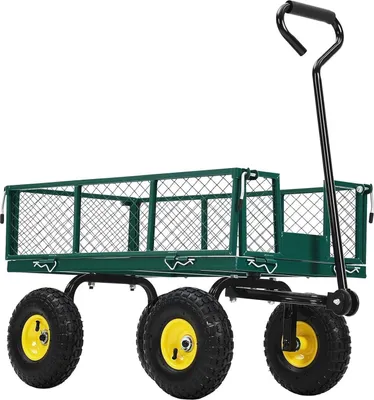 Obrázek produktu pro Zahradní vozík – ocelový vozík pro těžké náklady – nosnost 408 kg – otočná rukojeť o 180° – odnímatelné bočnice – pro dvůr a zahradu – bílý