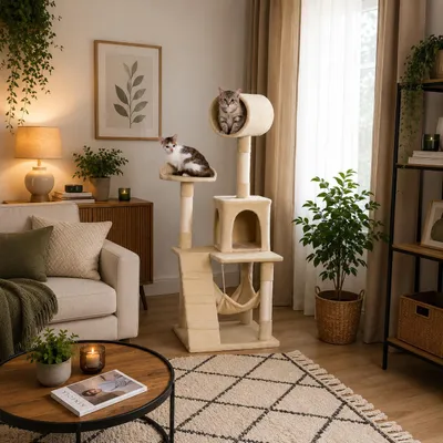 Immagine prodotto di Tiragraffi per gatti Belviona, albero da arrampicata per gatti con cuccia, amaca, scaletta e piattaforma di riposo, 133 cm, beige