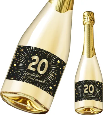 Produktbild von Friendly Fox Flaschenetikett zum 20. Geburtstag, 2x selbstklebende Flaschen Aufkleber zum 20. Geburtstag, Happy Birthday Etikett mit Goldfolie