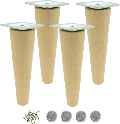Produktbild von Buchenholz Möbelfüße 18 cm – 4 Stück gedreht, unbehandelt mit Montageset für DIY-Projekte, ideal für Möbel und Kommoden