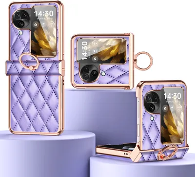 Produktbild von Luxus Leder Muster Galvanik Handyhülle für Oppo Find N3 Flip mit Ringhalterung und Scharnierschutz Lila