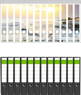 Produktbild von Wallario 12 Stück schmale Ordner inkl. Klebeetiketten mit Motive Sonnenuntergang über dem Meer -  Set mit Rückenschildern / Ordnerrücken Stickern