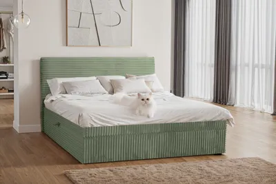 A bedroom scene with a bed and a cat on it.