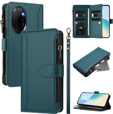 Image de Etui pour Honor 100 Pro, zippé, portefeuille Etui à rabat en cuirPolyuréthaneavec poches pour cartes, support et dragonne vert