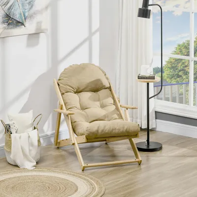 Produktbild von SUGIFT Relaxsessel klappbar, Polstersessel verstellbare Rückenlehne 3-Stufen, Akzentsessel Buchenholz gesteppt, Braun | 71 x 89 x 96 cm | bis 120 kg