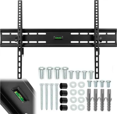 A TV wall mount and its hardware are laid out on a white background.