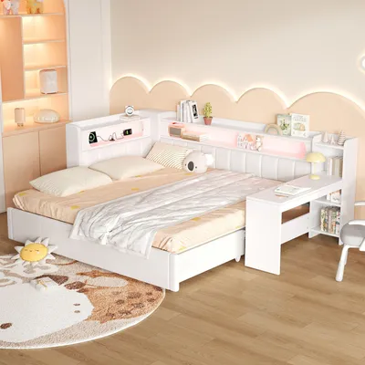Immagine prodotto di Letto imbottito multifunzione Merax, dimensioni da 90x200 a 180x200 cm, con letto estraibile, trasformabile in scrivania, dotato di prese USB e illuminazione LED, colore bianco