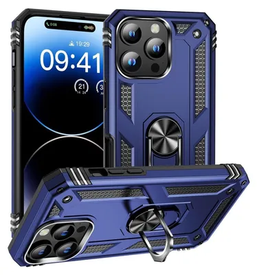 Produktbild von Conie Outdoor Schutzhülle für iPhone 16 Pro Max Tasche Silikon Hard Case Cover Hülle mit Halter Ständer in Blau