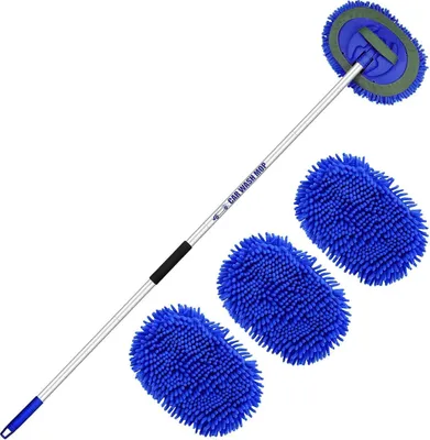 Image de Brosse de lavage auto avec manche télescopique et brosse de nettoyage microfibre - 160cm 63 pouces Brosse auto anti-rayures avec 3 têtes de balai de rechange