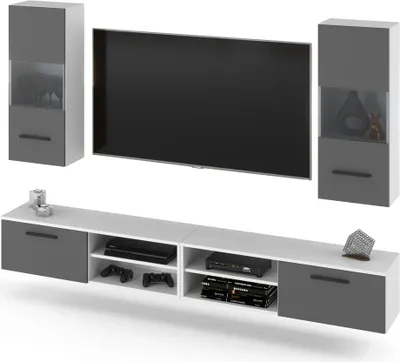Zdjęcie produktu dla Meblościanka Do Salonu Bandle Szafka Rtv Nowoczesna 240Cm Biało Szara Mat