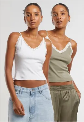 Immagine prodotto di Canotta da donna Urban Classics Ladies V-Neck Lace Top, confezione da 2 pezzi, color oliva chiaro + bianco sporco - XL