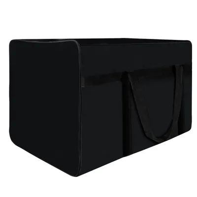 A black storage bag with handles is shown against a white background.