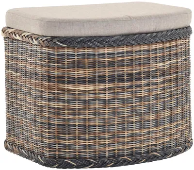 Produktbild von KRINES HOME Rattan Wäschekorb Wäschetruhe Sitz gepolstert Honig, Flur-Bank Aufbewahrungsbox mit Deckel Bad-Hocker Sitzhocker Wäschesammler Sitz-Truhe Natur (Mehrfarbig, Bauchig)