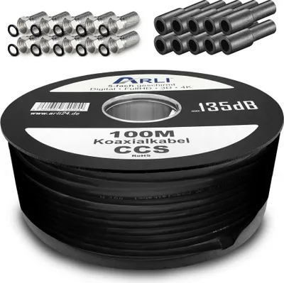 Produktbild von 100m ARLI Koaxialkabel schwarz max. 135dB + 10x F-Stecker + 10x Gummitülle