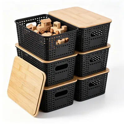 6er-Set Aufbewahrungsboxen Kunststoff mit Bambusdeckel, 5 L, schwarz