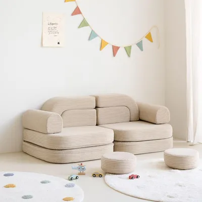 Produktbild von Spielsofa Beige 10-teilig, 120 cm lang, aus Polyurethanschaum und Cordstoff
