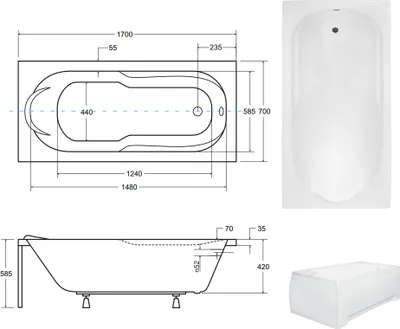 Zdjęcie produktu dla Wanna Akrylowa Zestaw 5w1 Prostokątna 170x70 Biała + Obudowa Akrylowa + Czarny Zagłówek, Nowoczesny Syfon i Nogi (stelaż) w komplecie | BADLAND BONA