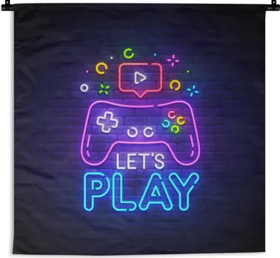 Produktbild von MuchoWow® Wandteppich Wandbehang Spiele - Neon - Let's Play - Controller - Zitate 90x90 cm Tapisserie Dekoration Wandtuch - Wandaufhänger