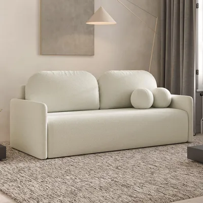 Produktbild von DEKORI Skandinavisches Sofa MALVA – 3-Sitzer Stoffsofa mit runden Kissen - QUELLE 02 (Cremeweiß)