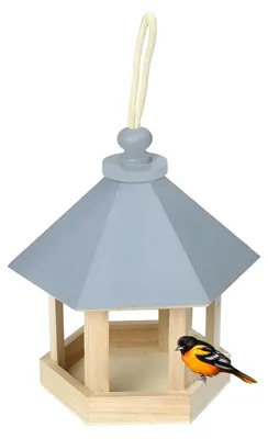 Productafbeelding van Vogelvoerdispenser met rond dak, gemaakt van massief hout, kleine vogelhuisje, geschikt om op te hangen, voor de tuin
