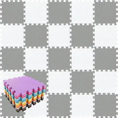 Produktbild von Spielmatz Weich EVA-Schaum Für Babys Auf Dem Boden - 18 Teile 1 cm Weiß Grau QQC-ALb18N