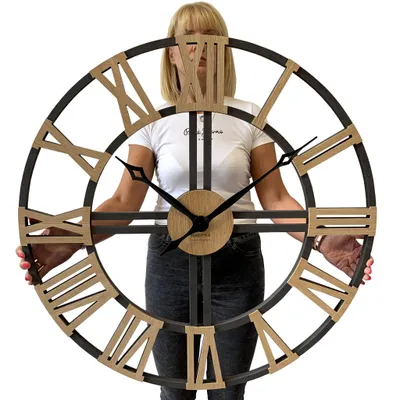 Produktbild von Groß wanduhr XXL ohne tickgeräusche LOFT Grande Schwarz und Eiche Holz Holzoptik 80cm durchmesser römische Zahlen Wohnzimmer Schlafzimmer