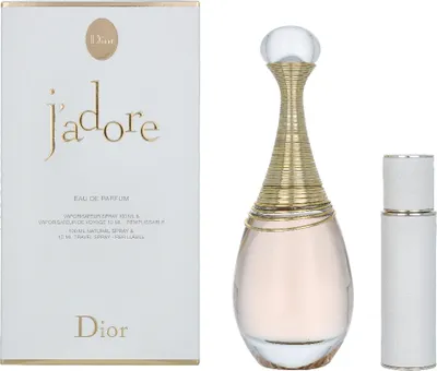 A gift set of Dior J'Adore Eau de Parfum, including a full-size bottle and a travel spray, presented with its packaging.