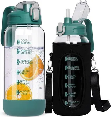 Produktbild von Famanu Trinkflasche aus Glas mit Zeitmarkierung und Strohhalm - 1,5 Liter