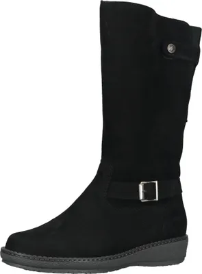 A black suede boot with a buckle detail.