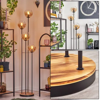 Produktbild von Fossobiubo Stehlampe aus Metall/Holz/Glas in Schwarz/Natur/Bernsteinfarben/Klar