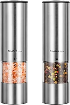 Produktbild von SIMPLETASTE Elektrische Pfeffermühle Salzmühle, mit Verstellbarem Keramikmahlwerk 2er Set Gewürzmühle aus Edelstahl Batteriebetrieben LED