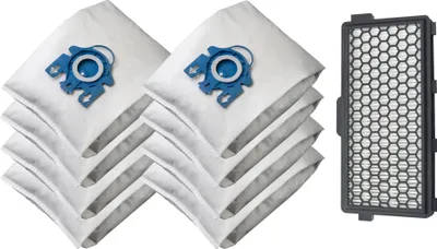 A set of vacuum cleaner bags and a filter are displayed on a white background.