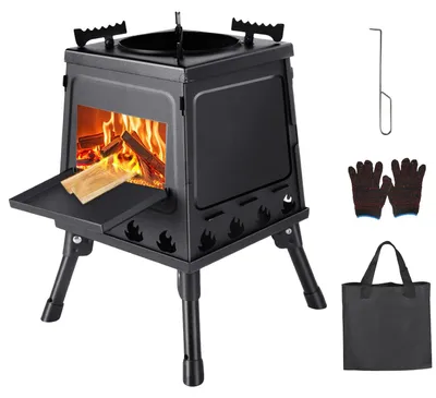 Produktbild von Camping Holzofen Mit Handschuhen - Tragbarer Holz-Campingkocher - Verstellbare Topfhalter - Für 3–5 Personen - Outdoor Grill & Kochen - Schwarz