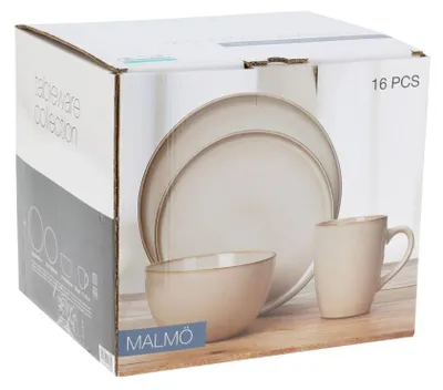 A cardboard box displaying a tableware collection.