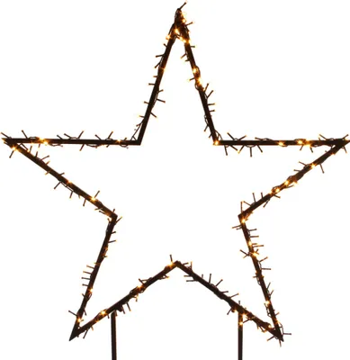 A black star-shaped garden stake with warm white LED lights.