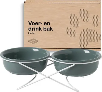 Immagine prodotto di Gizmo Ciotola per cibo gatto/cane doppia - Verde scuro - 2 ciotole in Vetroceramica per bere e mangiare con supporto - Ciotola per bere - 15CM - 500ML