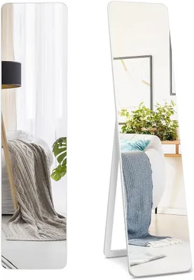 Image de Miroir mural et miroir sur pied, miroir pleine longueur avec cadre en bois massif blanc, miroir pour dressing, miroir d'entrée, miroir de courtoisie sur pied, dimensions 160x37 cm, idéal pour dressing, salon