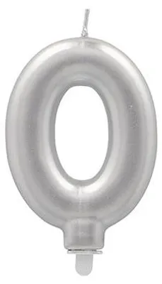 Produktbild von 12 Zahlenkerzen mit Halter 7 cm silber "0"