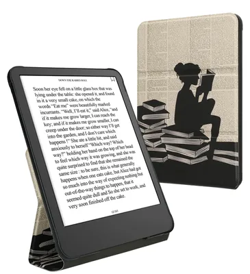Produktbild von kwmobile Hülle für Amazon Kindle Paperwhite (2024)/Colorsoft Case - Schutzhülle aus Kunstleder - Cover mit Standfunktion in Schwarz Beige Lesende Frau
