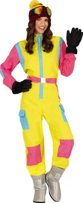 Immagine prodotto di Costume da sci anni '80 giallo rosa blu Look sportivo carnevale retrò Colori al neon Tuta da sci anni '80 Completo da festa Design iconico Stili vivaci, Taglia: 36 - 38 (S) Colore: Giallo