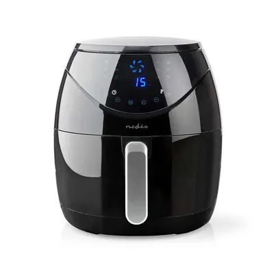 A black air fryer is shown against a white background.
