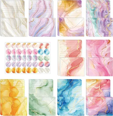 Produktbild von 160 Stück Marmoriertes Briefpapier mit Umschlag für Briefe,Einladungen | 50 A5 Liniert Briefpapier Kinder,50 Briefumschläge,60 Runde Sticker, für Dankeskarten, Geburtstag ,Hochzeit,Weihnachten