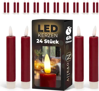 Produktbild von LED Stabkerzen 24 Stück ECHTWACHS ROT mit Timer Funktion 6 Stunden 15cm Höhe für Kerzen 2,2cm Durchmesser 2 AAA Batterien notwendig LED Stabkerzen 4er Set 6x bewegliche Flamme