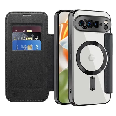 Immagine prodotto di Custodia per Google Pixel 10 Pro compatibile con MagSafe, custodia trasparente con portacarte, custodia in pelle con protezione della fotocamera nera