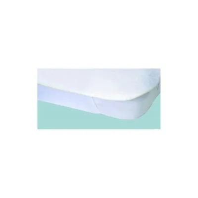 A close-up view of a white mattress protector on a light turquoise background.