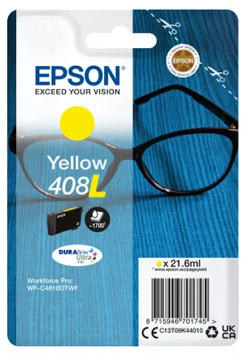 Obrázok produktu pre Epson Jednofarebný atrament DURABrite Ultra 408L okuliare Yellow, Vysoký (XL) výnos, Žltá, Atrament na pigmentovej báze, 21,6 ml, 1 kusov, Balenie po jednom kuse
